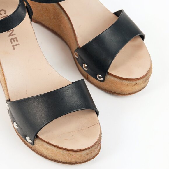 Chanel Black Leather Platform Wedge Sandals - Picture 6 of 9